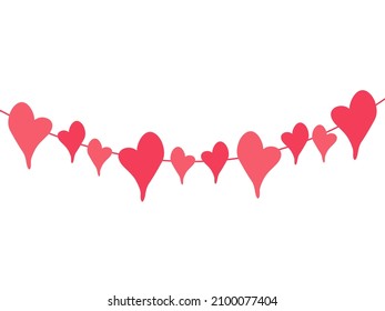 Horizontal border with red heart. Valentines day garland on white background. Vector illustration
