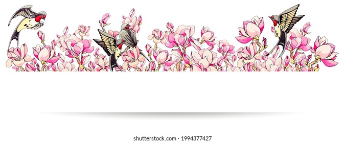 Horizontal border with sakura pink flowers and swallow or martlet bird. Spring frame for design with cherry tree flower. Decorative floral divider with shadow and copy space. Vector stock illustration