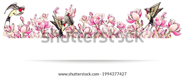 Horizontal border with sakura pink flowers\
and swallow or martlet bird. Spring frame for design with cherry\
tree flower. Decorative floral divider with shadow and copy space.\
Vector stock\
illustration