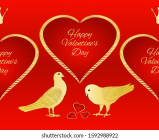 Horizontal border seamless background golden  Pigeons birds and hearts valentines place for text red background vintage vector illustration editable hand draw 