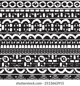 Horizontal border seamless pattern drawing on black background. Abstract vector grunge lines and dots hand drawn ornament fabric