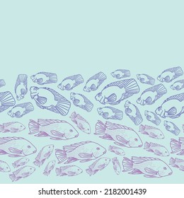 Horizontal border seamless Vector pattern with swimming fish in wave group isolated on light bluegreen background. Pattern design for Fabric, paper, cover, wrapping paper, interior and other uses