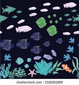 Horizontal border seamless Vector pattern with water plants and different swimming fish on a blackblue background. Pattern design for Fabric, paper, cover, wrapping paper, interior and other uses