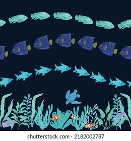 Horizontal border seamless Vector pattern with water plants, horziontal swimming fish in wave line isolated on blackblue background. Pattern design for Fabric, paper, cover, wrapping paper,