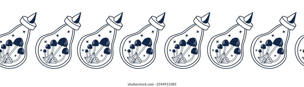 Horizontal border, set Magic and heavens seamless pattern, with magical elements Symbols of witchcraft theme