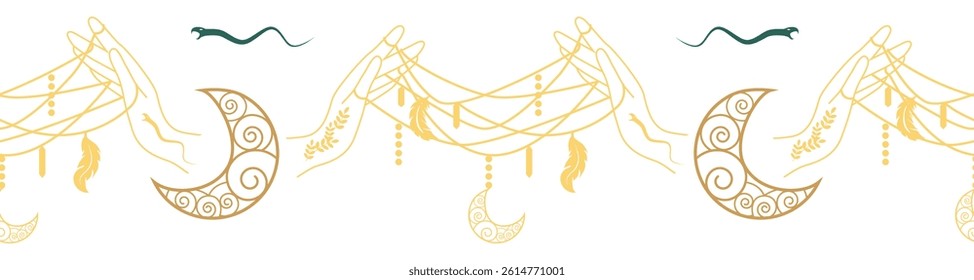Horizontal border, set Magic and heavens seamless pattern, with magical elements Symbols of witchcraft theme