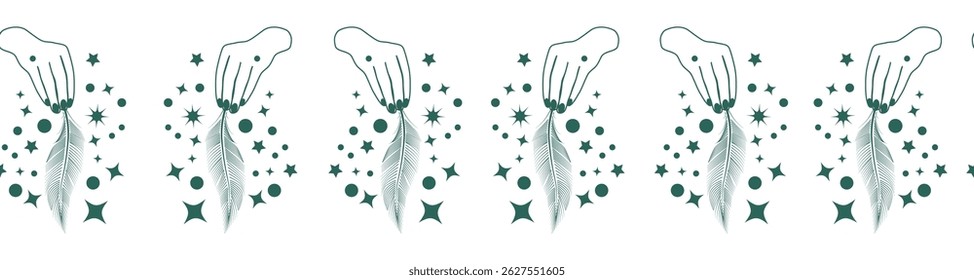 Horizontal border, set Magic and heavens seamless pattern, with magical elements Symbols of witchcraft theme
