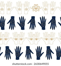 Horizontal border, set Magic and heavens seamless pattern, with magical elements Symbols of witchcraft theme