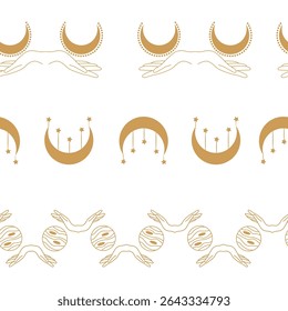 Horizontal border, set Magic and heavens seamless pattern, with magical elements Symbols of witchcraft theme