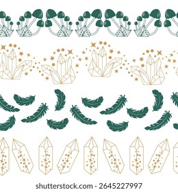 Horizontal border, set Magic and heavens seamless pattern, with magical elements Symbols of witchcraft theme