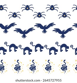 Horizontal border, set Magic and heavens seamless pattern, with magical elements Symbols of witchcraft theme