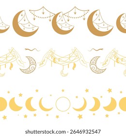 Horizontal border, set Magic and heavens seamless pattern, with magical elements Symbols of witchcraft theme