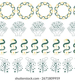 Horizontal border, set Magic and heavens seamless pattern, with magical elements Symbols of witchcraft theme