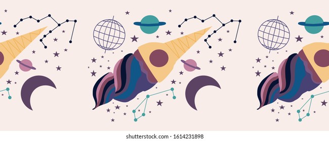 horizontal border with spaceship ice cream and celestials, perfect to use on the web or in print