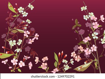 Horizontal border with spring blossom. Pink, bluish flowers: cherry, (sakura, almond, plum). Florets, branches, buds, green leaves on burgundy background. Digital drawing in watercolor style, vector