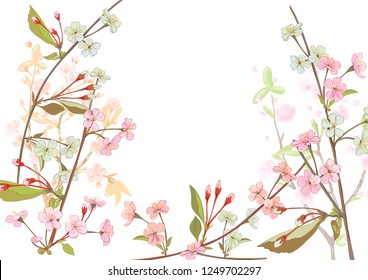 Horizontal border with spring blossom. Pink, bluish flowers: cherry, (sakura, almond, plum). Florets, branches, buds, green leaves on white background. Digital drawing in watercolor style, vector