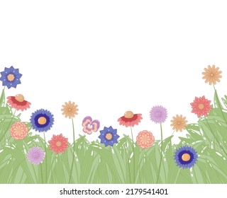 Horizontal border with spring meadow plants and flowers on white background with space for text in pastel colors in flat cartoon style. Botanical drawing for posters, packaging, websites, cards 