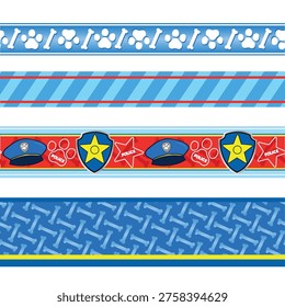 Horizontal border stripes in blue tones with paw prints, bones, patrol, police hat, badge and star icons. Ideal for kids party borders, invitations, scrapbook frames, wrapping and school decor.