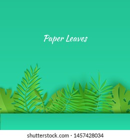 Horizontal Border of summer tropical leaves in paper cut style. Craft jungle plants collection on green background. Creative vector card illustration in paper cutting art style.