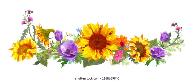 Horizontal autumn’s border: sunflowers, blue anemones, thistles, gerbera daisy flowers, small green twigs on white background. Digital draw, illustration in watercolor style, panoramic view, vector