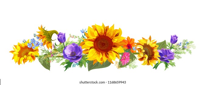 Horizontal autumn’s border: sunflowers, blue anemones, forget-me-nots, gerbera daisy flowers, small twigs on white background. Digital draw, illustration in watercolor style, panoramic view, vector