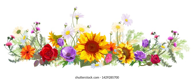 Horizontal autumn’s border: sunflowers, blue anemones, thistles, gerbera, daisy flowers, small green twigs on white background. Digital draw, illustration in watercolor style, panoramic view, vector