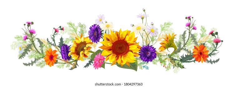 Horizontal Autumn’s Border: Sunflowers, Blue Asters, Thistles, Gerbera, Daisy Flowers, Small Green Twigs On White Background. Digital Draw, Illustration In Watercolor Style, Panoramic View, Vector