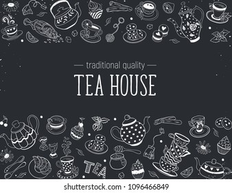 Horizontal border from tea time doodle elements. Hand drawn tea vector frame. Teapots, cups, cupcakes and sweets on chalkboard. Design elements.