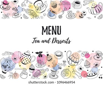 Horizontal border from tea time doodle elements. Hand drawn tea vector frame. Teapots, cups, cupcakes and sweets with watercolor circles on white background. Menu design template.