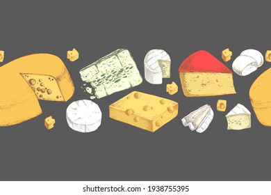 Horizontal border template with various cheeses. Dairy products. For banner, poster, packaging design, menu. Hand Drawn vector illustration.