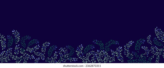 Horizontal  border with text space. Vector hand drawn botanical  branches on the black back. Frame with iunique branches floral ornament. Suitable for email header, post in social networks