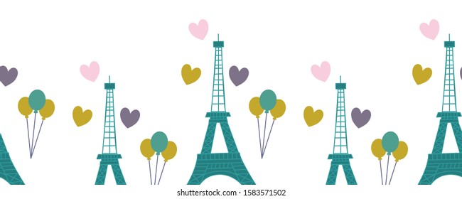horizontal border with tour eiffel, balloons and hearts, perfect to use on the web or in print