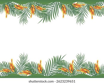 Horizontal border of tropical greenery with flowers and with empty center. Tropical leaves frame. Vector design illustration.