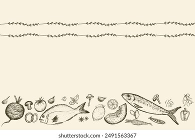 Horizontal border of Vegetables and fishes sketch with delicate Floral border. Hand-drawn food illustration on beige background. Vector illustration.