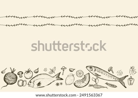 Horizontal border of Vegetables and fishes sketch with delicate Floral border. Hand-drawn food illustration on beige background. Vector illustration.