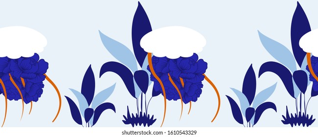 horizontal border with white jellyfish and blue maritime leaves, perfect to use on the web or in print