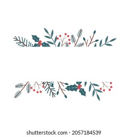 Horizontal border border with winter plants with space for text. Vector element in aesthetic style. Fir branches, berries and leaves on a white background.