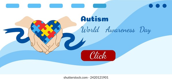 Horizontal Border World Autism Awareness Day. Vector banner with puzzle heart in hands, blue ribbon. Frame for theme of autism, health, support. Design for websites, print, postcards, covers, posters.
