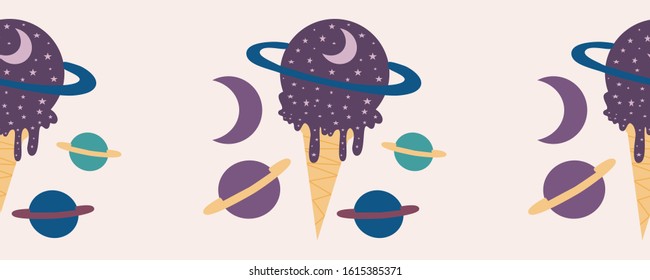 horizontal border with yellow icecream and colorful planets, perfect to use on the web or in print