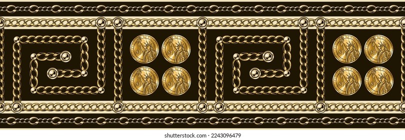 Horizontal borders with ancient meander pattern, gold chains, one dollar coins. Greek roman classical pattern.