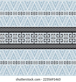 Horizontale Grenzen. Griechisch grenzt nahtloses Muster an. Stammes, ethnischer Hintergrund, Vektorhintergrund. Wiederholen Sie die geometrische bunter Hintergrund. Griechische Schlüsselschleier, Dreiecke, Zickzacklinien, Kreise. Grenzverzierungen.