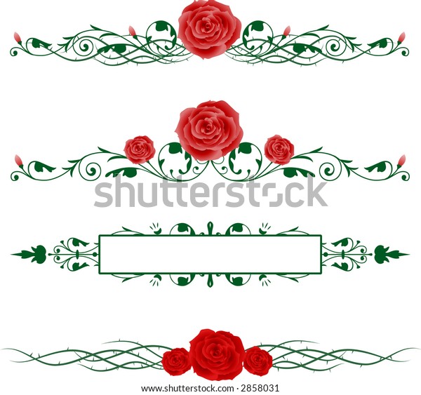 Horizontal borders with red and pink roses and\
green vines and\
thorns.