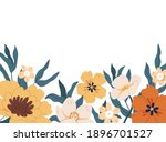 Horizontal botanical backdrop with border of delicate blooming fall flowers. Floral flat vector illustration isolated on white background