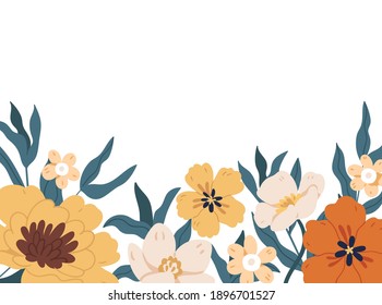 Horizontal botanical backdrop with border of delicate blooming fall flowers. Floral flat vector illustration isolated on white background