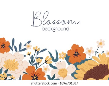 Horizontal Botanical Backdrop With Border Of Delicate Blossomed Fall Flowers Like Sunflower And Peony. Floral Flat Vector Illustration Isolated On White Background