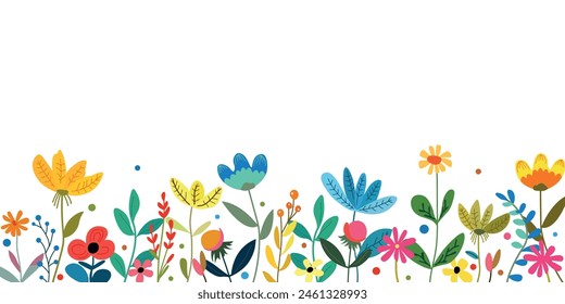 Horizontal botanical background with hand drawn fantasy flowers. Floral vector flat illustration isolated on white background. Banner with colorful blooming flowers.