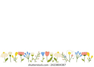 Horizontal botanical background with a set of spring summer flowers. Floral flat vector illustration isolated on white background