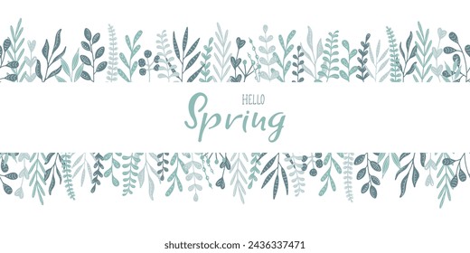 Horizontal Botanical Banner. Endless Natural Plants pattern. Abstract hand drawn Green Twigs. Spring Summer floral Background. Border frame from Herb leaves. Hello Spring header