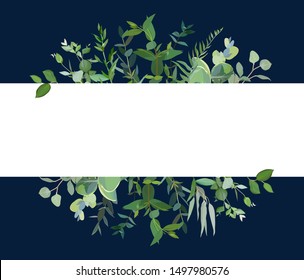 Horizontal botanical vector design banner. White and navy blue. Eucalyptus, wildflowers, various plants. Natural card or frame. Greenery wedding simple invitation. Watercolor. Isolated and editable