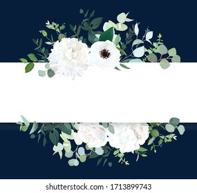 Horizontal botanical vector design banner. White and navy blue. Eucalyptus, rose, hydrangea, various plants. Natural card or frame. Greenery wedding simple invitation. Watercolor.Isolated and editable